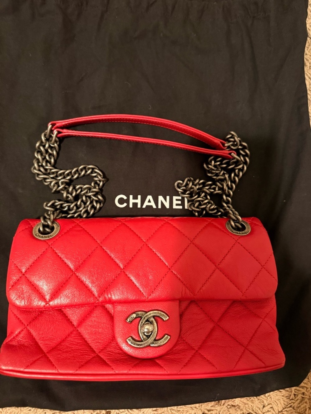 CHANEL CC MINI Lambskin Quilted Red Leather Shoulder Bag with Gunmetal Chain